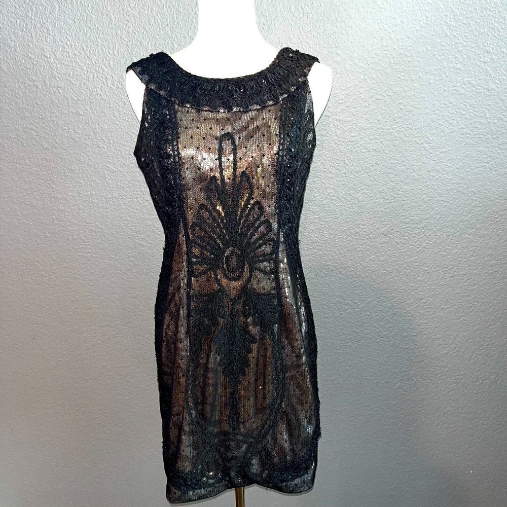 BASIX Black Label Sequin Lace & Beaded Black & Gold Cocktail Dress  EUC - Size 4